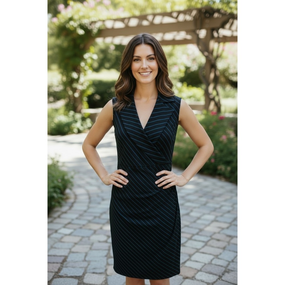 Express Women Black Blue Striped Sleeveless Faux-Wrap Dress SZ 7/8 Retail $129